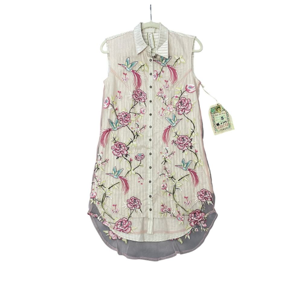 NEW Aratta Floral Hummingbird Embroidered Button Up Shirt Dress Size Small Boho
